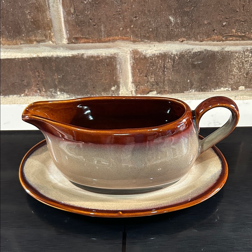 Sango Nova Brown Stoneware Gravy Boat with Saucer
